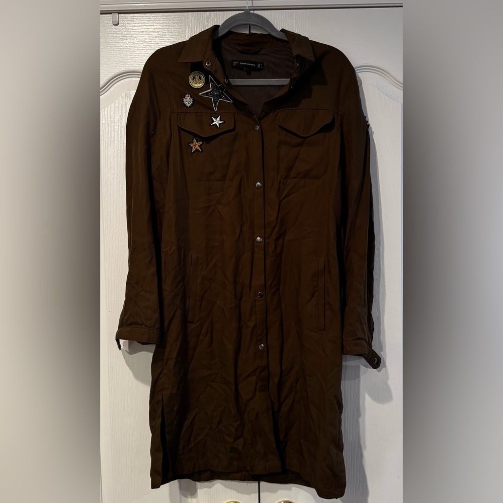 Zara Army Green Long Snap-Down Patchwork Jacket -… - image 4